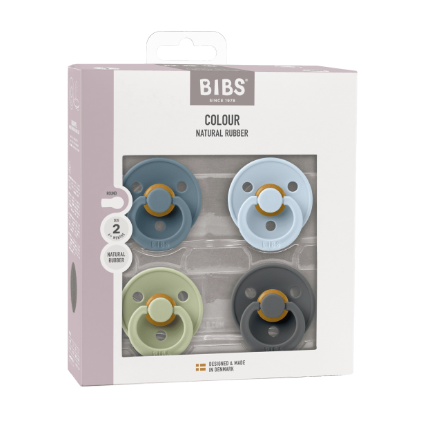 4-pack BIBS Colour rund sut str. 2 i latex. Petrol/Sage/Baby Blue/Iron