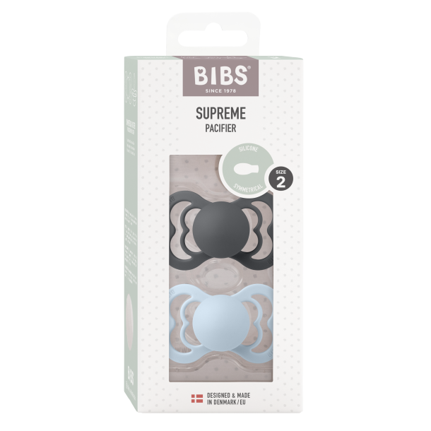 2-pack BIBS Supreme symmetrisk sut str. 2 silicone. Iron/Baby Blue